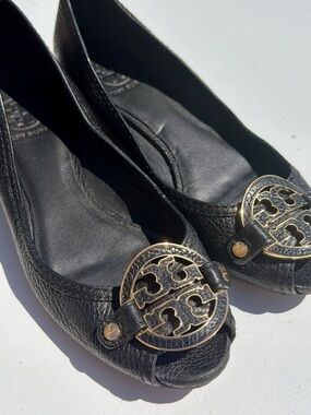 Tory Burch Black Leather Logo Peep-Toe Flats with Gold Emblem